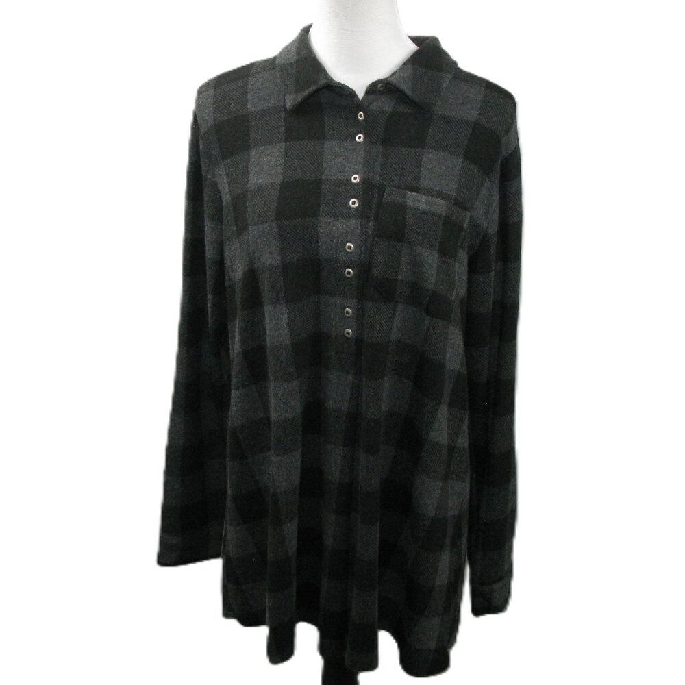 Soft Surroundings Black/Gray Plaid Comfy Soft Partial Button Front Tun